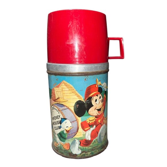 Walt Disney Mickey Mouse Club Vintage Aladdin Metal Thermos With Red Lid & Handl - Picture 1 of 8